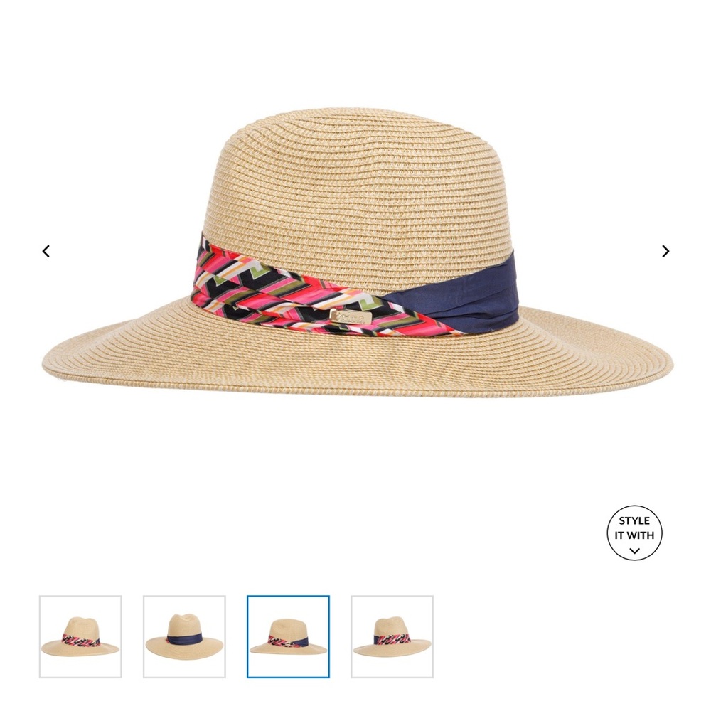 Trina Turk Azure Wide Brim Straw Adjustable Fedora with Pink Patterned Band NWT - Picture 4 of 9